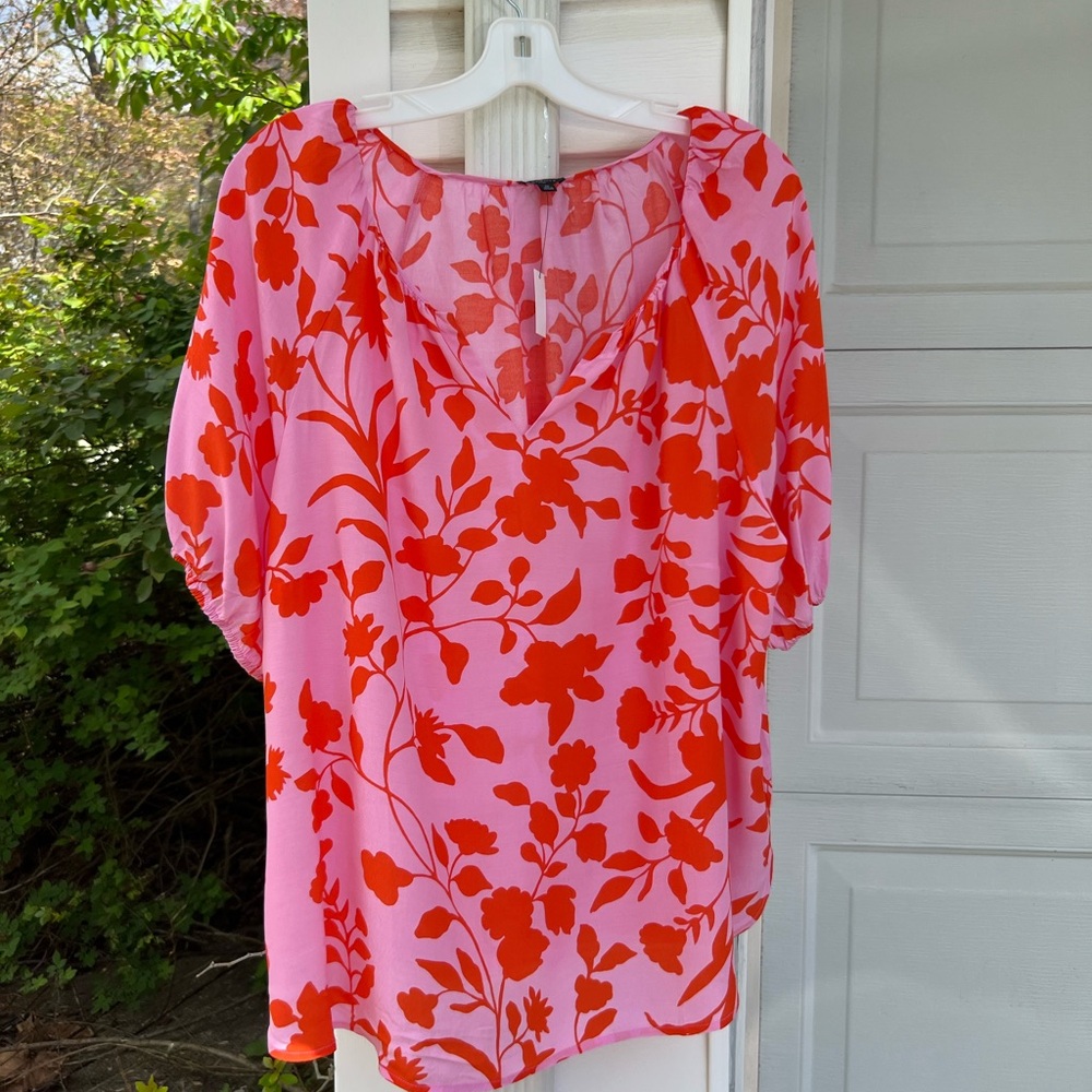 NWT Talbots Pretty Pink Orange Floral Peasant Style Short Sleeve Blouse
